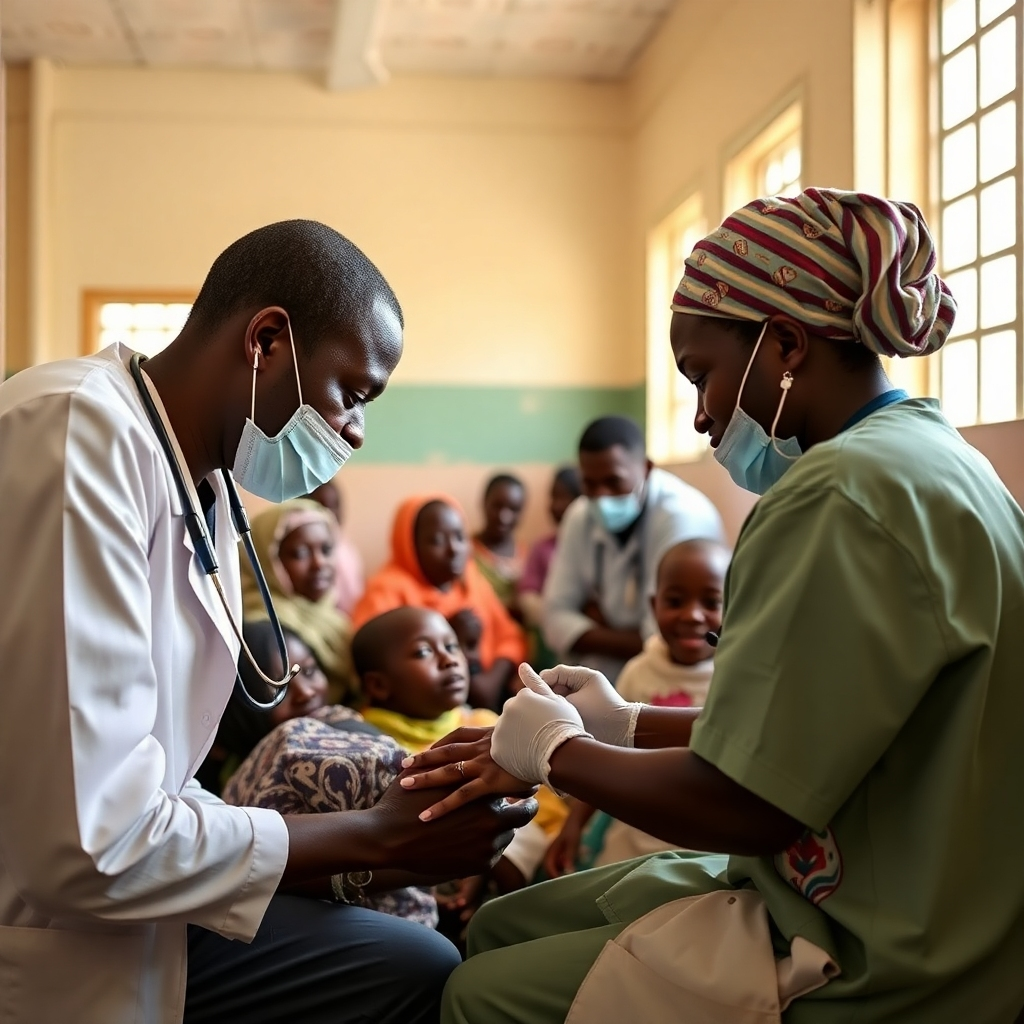 Create a photorealistic image showing a medical clinic scene in Benin. Focus on showing patients being treated, receiving medical attention, and interacting with compassionate medical staff. Use a color palette that inspires hope. The camera angle should feel intimate but respectful. The style should feel genuine and natural.