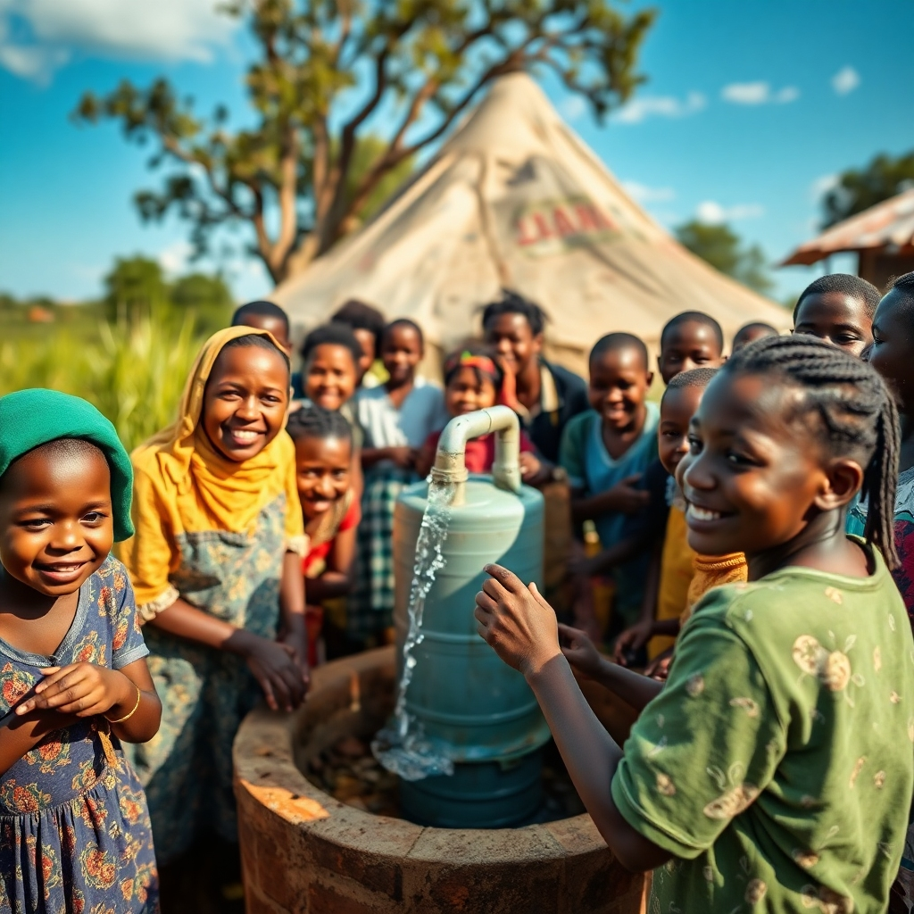 Create a photorealistic image showcasing a thriving community around a newly installed clean water source. Capture joyful moments and depict the positive impact on daily lives. Focus on natural lighting and vibrant colors. Highlight the textures of the community setting and the new water facility. Use a style that represents hope and renewal.