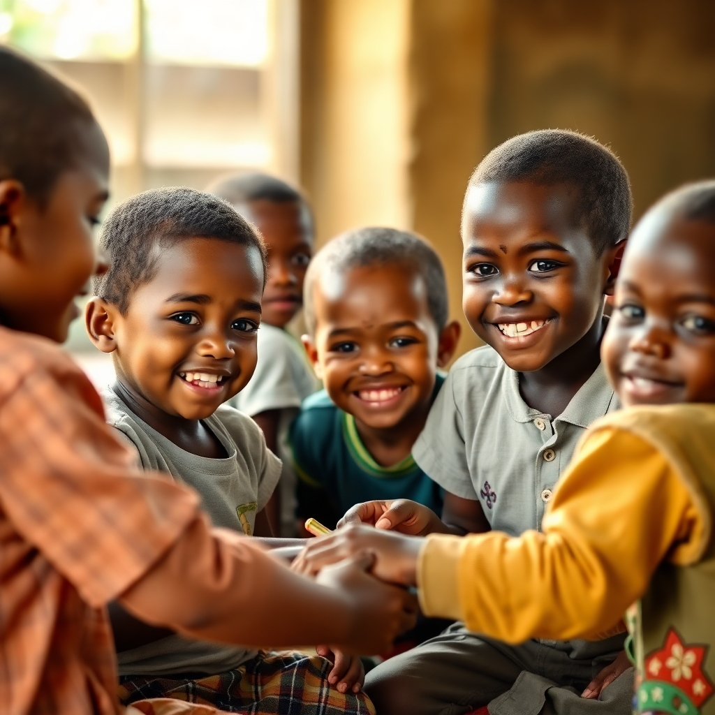 Create a photorealistic image showing children at an orphanage in Benin, interacting happily.  Show happy children playing together, or receiving educational assistance.  Use a naturally warm light. The camera should be at the children's eye level, with a slightly wide angle lens. The color palette should focus on warmth, safety, and joy.  Ensure the scene feels genuinely positive, and avoid stereotypes.