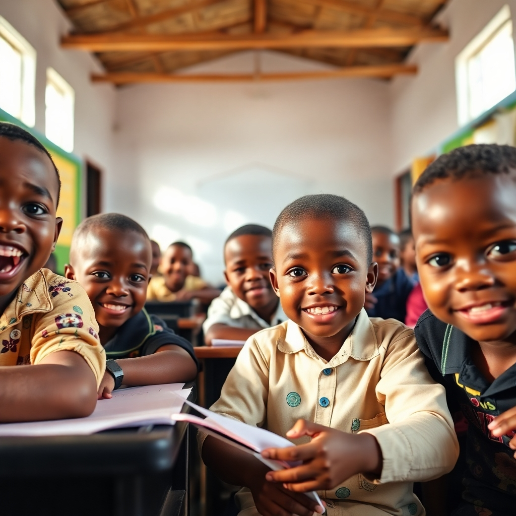 Create a photorealistic image depicting children in Benin actively engaged in educational activities. Show bright classrooms filled with students, possibly a computer lab, or students working in a community garden. Use warm, inviting lighting. The camera angle should be at eye-level to connect with the children's perspectives. The color palette should be vibrant and encourage a positive learning environment. Focus on capturing genuine emotions and interactions.