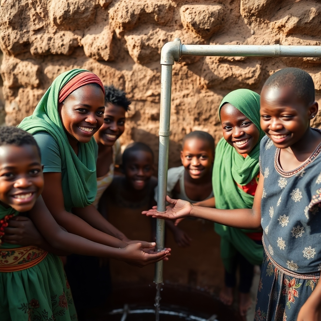 Create a photorealistic image showcasing a community gathering around a newly installed clean water source. Capture joyful expressions, demonstrating the positive impact on their lives. Focus on natural lighting, vibrant colors, and genuine textures. The style should be documentary-style photography, aiming for authenticity and impactful storytelling.