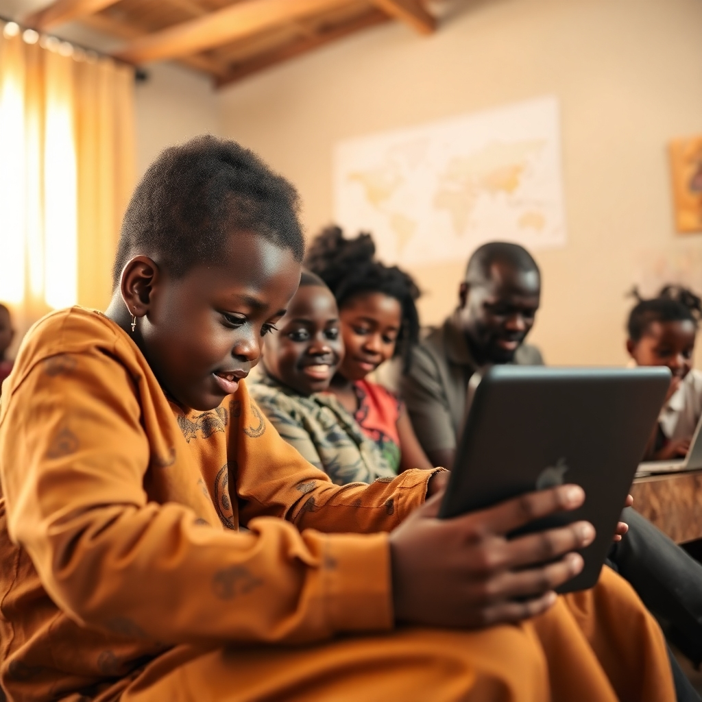 Create a photorealistic or slightly stylized image showing people in Benin actively using the internet. Depict children learning, adults working or communicating, and families connecting with loved ones. Use warm lighting. The camera angle should feel inviting and inclusive. The image should evoke feelings of connection and progress.