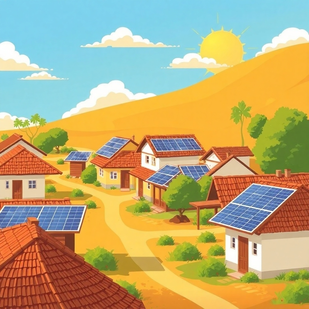 Create a stylized image of solar panels seamlessly integrated into a village scene. The image should be optimistic and suggest a transition to sustainable energy.  Use warm, sunny tones.  The style should be partially abstract, suggesting growth and prosperity. Emphasize the contrast between traditional homes and modern technology.