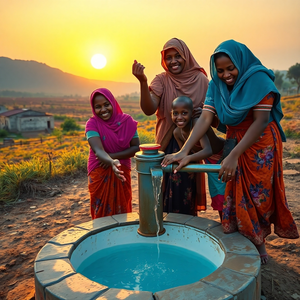 Create a stylized, slightly painterly image focusing on access to clean water. Show people, predominantly women and children, joyfully drawing clean water from a well or water pump in a rural landscape. Use bright, hopeful colors. The lighting should be dramatic, possibly including a setting sun. Pay attention to textures, showing the worn but functional nature of the well. The overall style should combine photorealism with painterly flourishes.