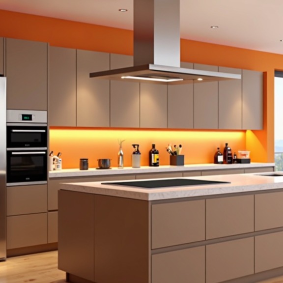 Photorealistic image of a small but efficiently designed kitchen or bathroom showcasing smart storage solutions and space optimization techniques.  The lighting should be bright and airy. Focus on the efficient use of space and the functionality of the storage solutions. Use a neutral color palette to highlight the functionality of the design. Include realistic textures and details throughout the image. The overall style should be modern and practical, similar to the images featured in interior design magazines that emphasize efficient space use.