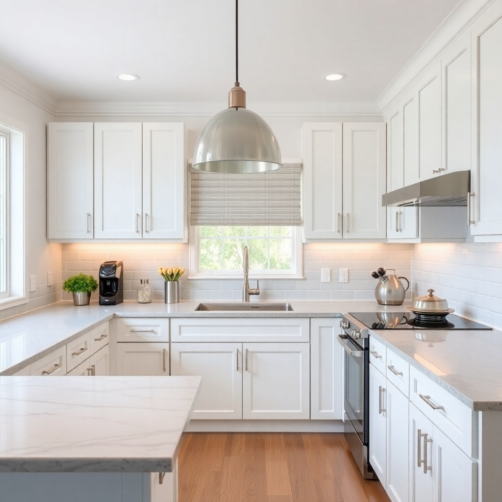 A photorealistic image of a beautifully remodeled kitchen, highlighting the transformation and quality of the work. Focus on the details, like the countertops and cabinets, to showcase the quality of the materials and the precision of the work. The lighting should highlight the quality of the finish. The overall style should be clean, bright and modern.