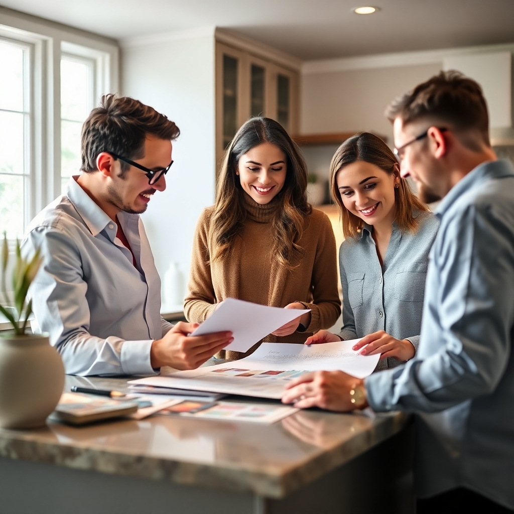 A photorealistic image showcasing the initial design consultation stage of a kitchen and bathroom remodel.  Show a designer working with clients, going over plans and samples. The mood should be collaborative and positive. The lighting should be warm and inviting. Include realistic textures and details such as paint swatches and material samples. The overall style should be professional and friendly.