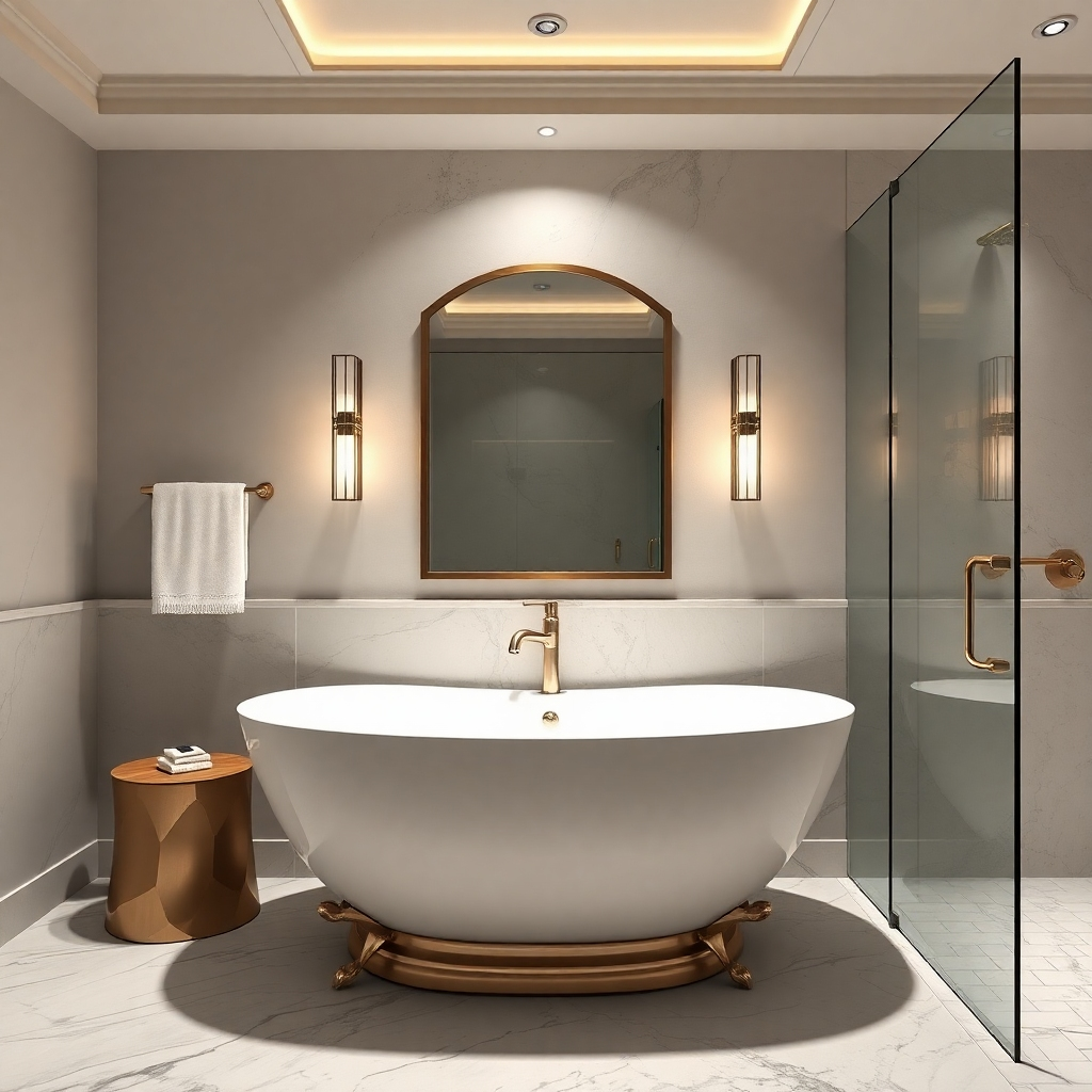 A photorealistic image showcasing a stylish and luxurious bathroom remodel. Focus on the details, such as the fixtures and tilework. The lighting should create a spa-like atmosphere. The overall style should be elegant and sophisticated.