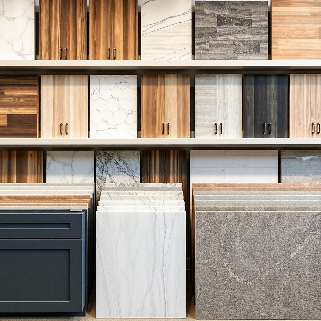 A photorealistic image showing a variety of high-quality materials like countertop samples, cabinet door samples and tile options, organized and well-lit. The image should highlight the diversity of options, showcasing textures and finishes. The lighting should be bright, highlighting the details of each material.  The overall style should be visually appealing and organized, similar to those found in showroom brochures.
