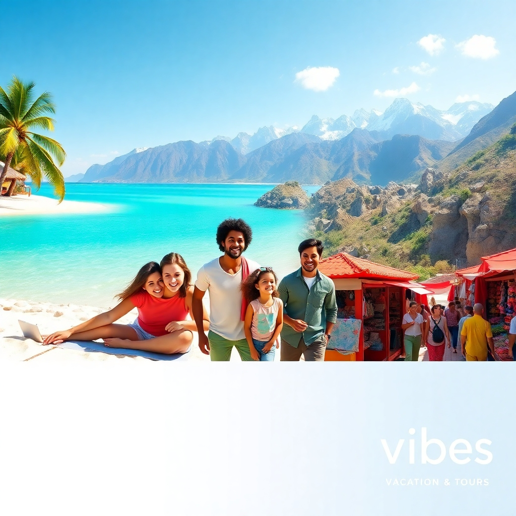 Create a photorealistic, ultra-high definition 8K image for a travel agency's landing page. The image should feature a diverse group of happy people (ages 25-55) of different ethnicities enjoying various vacation activities.  Specifically, showcase three distinct scenes within a single, panoramic composition: (1) a couple relaxing on a pristine beach in the Maldives, with turquoise water and lush palm trees; (2) a family of four hiking through a majestic mountain range in the Alps, with snow-capped peaks and vibrant wildflowers; (3) a group of friends exploring a bustling marketplace in Marrakech, Morocco, showcasing vibrant colors and exotic architecture.  The lighting should be natural and vibrant, with a warm, sunny feel in the beach and marketplace scenes and a cool, crisp light in the mountain scene. The overall color palette should be bright and cheerful, emphasizing the beauty of diverse travel destinations. The camera angle should be a wide shot, providing a sense of vastness and adventure. Texture should be highly detailed: soft sand on the beach, rugged mountain rocks, and textured fabrics on the clothing of the people. Show the subtle textures of the vibrant market stalls.  Materials should appear authentic: the smooth surface of the water, the roughness of the rocks, and the variety of textures in the market. The background should be naturally immersive. Include a subtle, tasteful logo for "Vibes Vacation & Tours" in the lower right corner. The style should emulate high-end travel photography, similar to the work found in National Geographic or Condé Nast Traveler. The overall mood should evoke a sense of freedom, adventure, and relaxation.  The image should be hyperrealistic, with exceptional detail and depth of field., ultra high resolution, photorealistic, 8K, hyperdetailed, cinematic lighting
