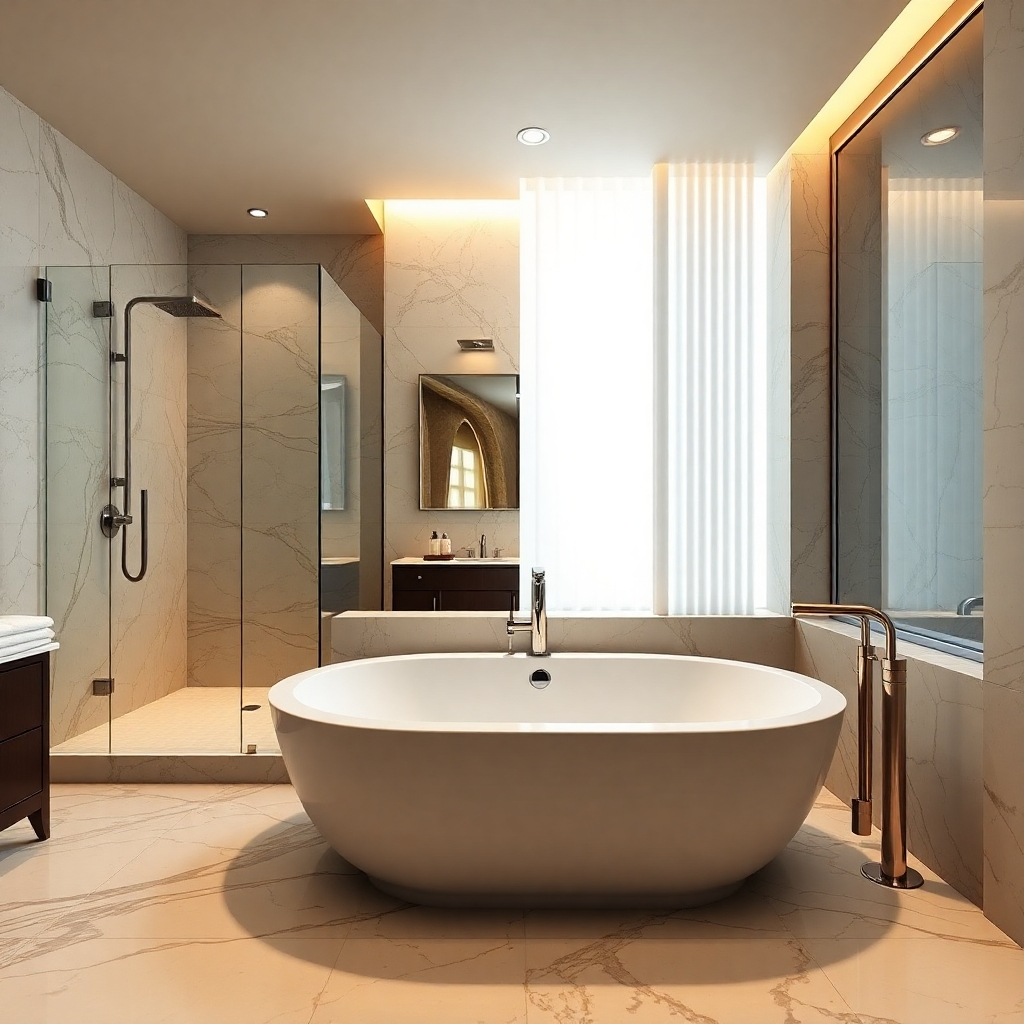 Photorealistic image of a luxurious bathroom with a large soaking tub, a walk-in shower, and modern fixtures.  Use warm lighting to create a spa-like atmosphere. The camera angle should showcase the tub and shower area.  Show rich textures such as marble, glass and chrome. The overall style should be sophisticated and luxurious, similar to those found in hotel brochures or high-end home design magazines.