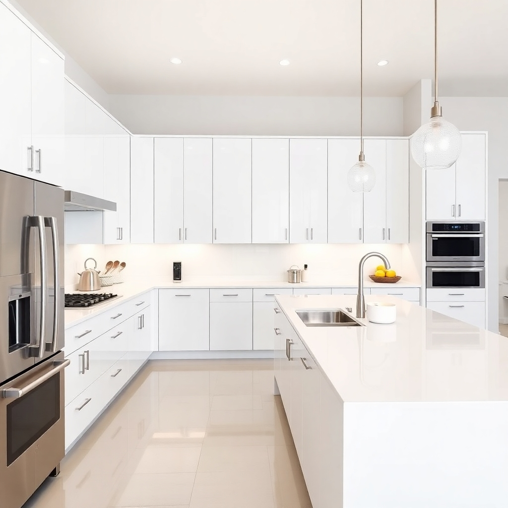Photorealistic image of a modern kitchen with sleek white cabinets, stainless steel appliances, and a large kitchen island. Focus on the details, like the sleek countertops and the overall clean design. The lighting should be bright and airy, highlighting the spaciousness of the room. The camera angle should be from a slightly elevated position to show the entire space. Show high-quality textures in the image, including smooth surfaces and precise lines. The overall style should be clean and elegant, similar to images from high-end home design magazines.