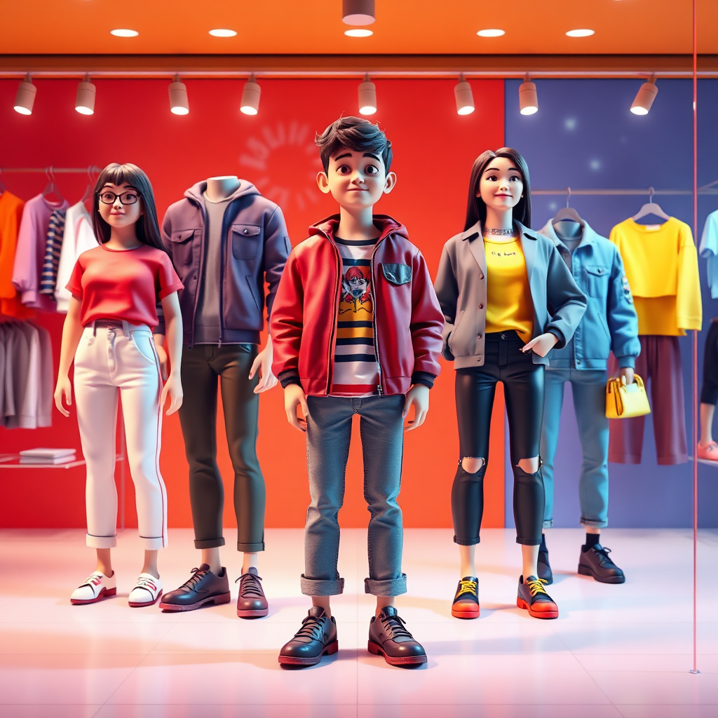A photorealistic image displaying a diverse range of fashionable outfits for kids, men, and women. The scene is set in a well-organized online shop interface, showcasing bright, engaging visuals of clothing items against a vibrant background. Lighting is bright and focused on the apparel, enhancing color saturation. Props include fashion accessories that complement the outfits presented. The view is structured to evoke an easy shopping experience. Technical specs: high-quality imagery.