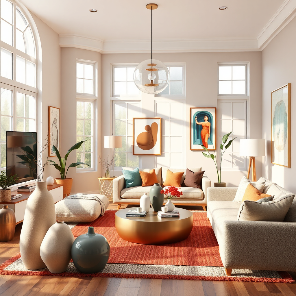 A photorealistic image representing a stylish home interior decorated with trendy decor items available on PATOCA E-SHOP. The layout should include items like elegant vases, vibrant artwork, and comfortable furnishings. Natural lighting filters through large windows, creating an inviting atmosphere. The color palette is harmonious, with earthy tones and pops of color. Textures should evoke warmth and comfort, drawing viewers into the scene. Technical specs: high resolution.