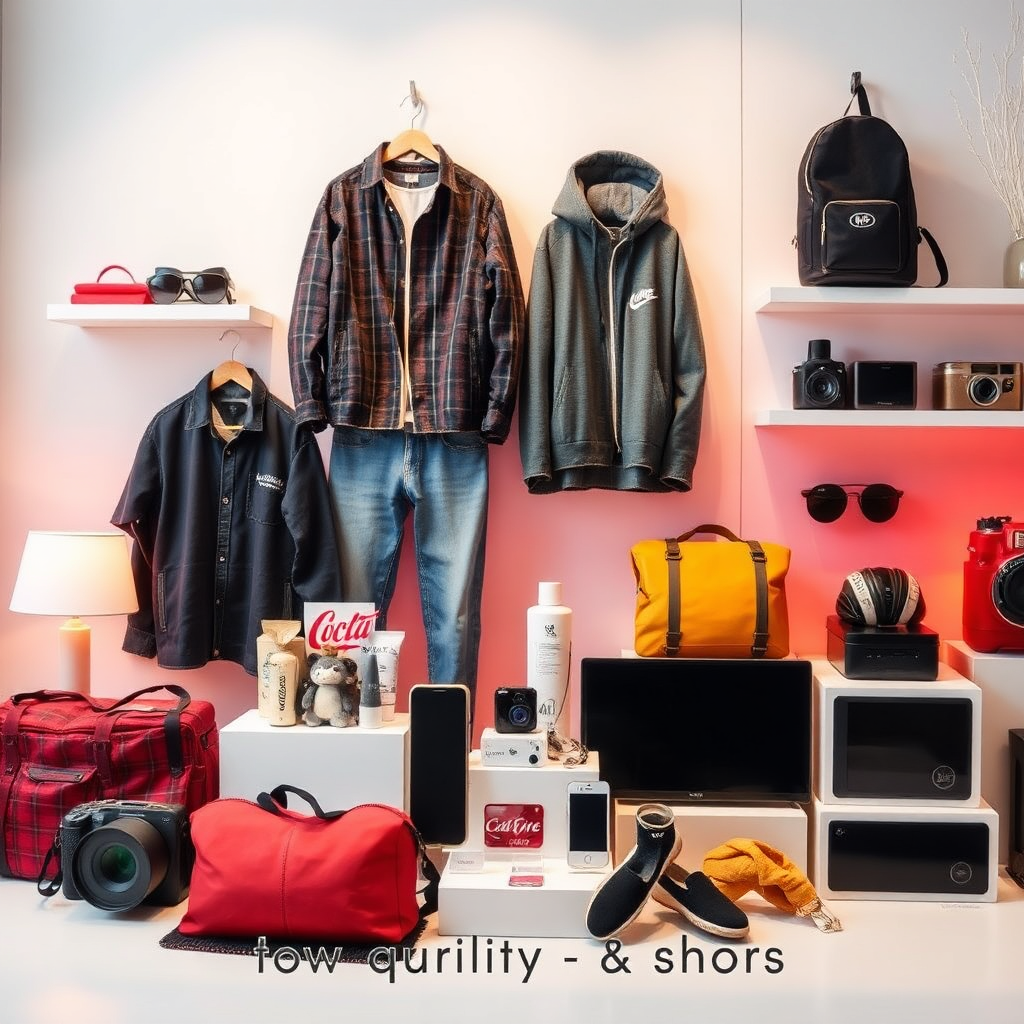 A dynamic image featuring a diverse array of trendy products available for purchase, including clothing, electronics, and home accessories. The visual should reflect a focus on new arrivals set against a clean, modern backdrop. Color accents highlight key features, creating an inviting ambiance. Lighting should create depth and interest, bringing the products to life. Technical specs: top quality.