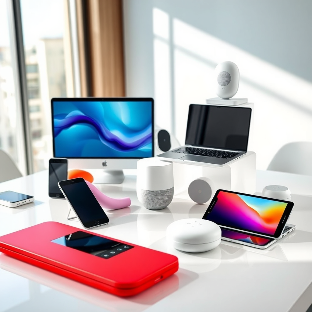 A dynamic image featuring a variety of popular electronics, including the latest smartphones, laptops, and smart home devices. The setting is a sleek, modern workspace bathed in bright, natural light. The composition is organized to highlight each device, with reflective surfaces showcasing their designs. The color palette is contemporary, emphasizing tech-savvy products. Textures are smooth and polished, appealing to gadget enthusiasts. Technical specs: high-quality.