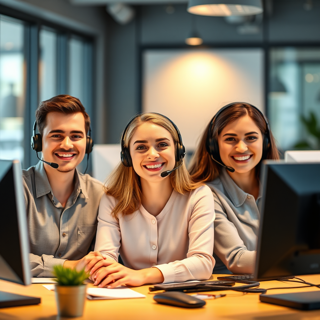 A friendly image showing a responsive customer support team ready to engage with customers. The team should have friendly expressions and display various devices indicating accessibility. Lighting is warm and welcoming, creating an inviting environment. The color palette is harmonious and inviting. Props may include headsets and computers in a modern office. Textures should emphasize approachability and professionalism. Technical specs: high-quality imagery.