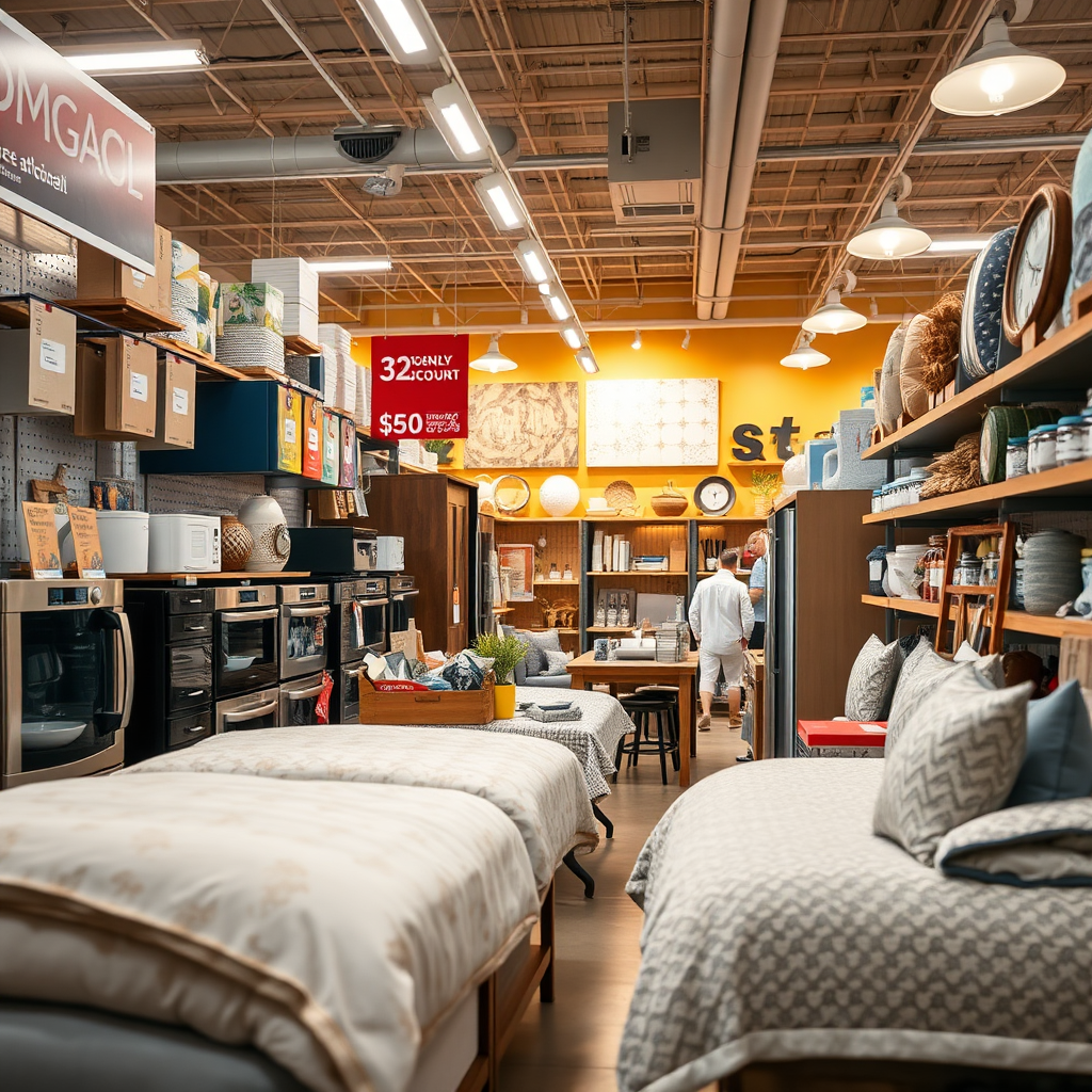 A lively image of a well-organized display of home goods, featuring discounts on essential items like kitchen appliances, bedding, and decor. The lighting is warm, inviting consumers to consider their purchases. The color scheme is rich and diverse, illustrating the variety available, with textures that highlight durability and style. Technical specs: high definition.