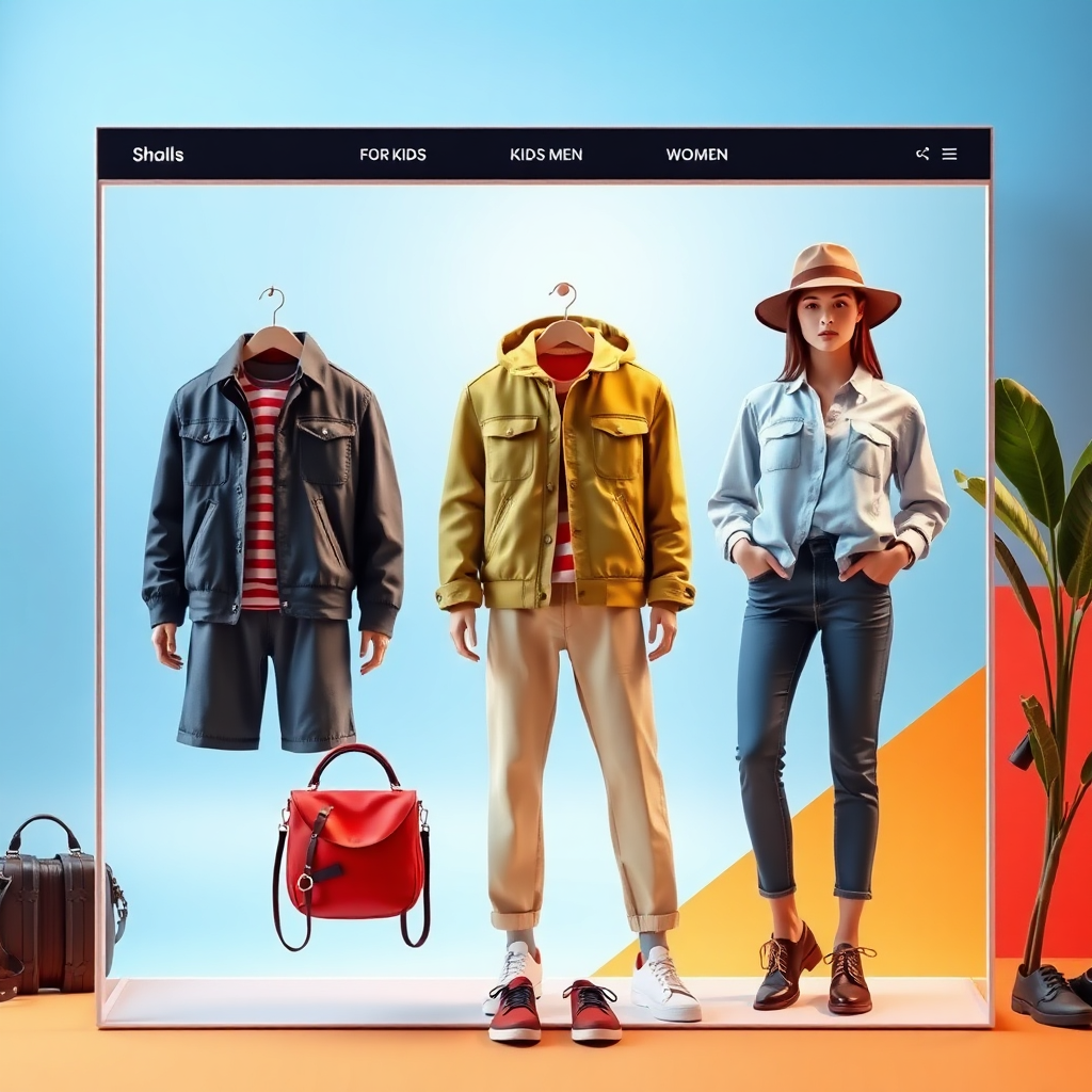 A photorealistic image displaying a diverse range of fashionable outfits for kids, men, and women. The scene is set in a well-organized online shop interface, showcasing bright, engaging visuals of clothing items against a vibrant background. Lighting is bright and focused on the apparel, enhancing color saturation. Props include fashion accessories that complement the outfits presented. The view is structured to evoke an easy shopping experience. Technical specs: high-quality imagery.