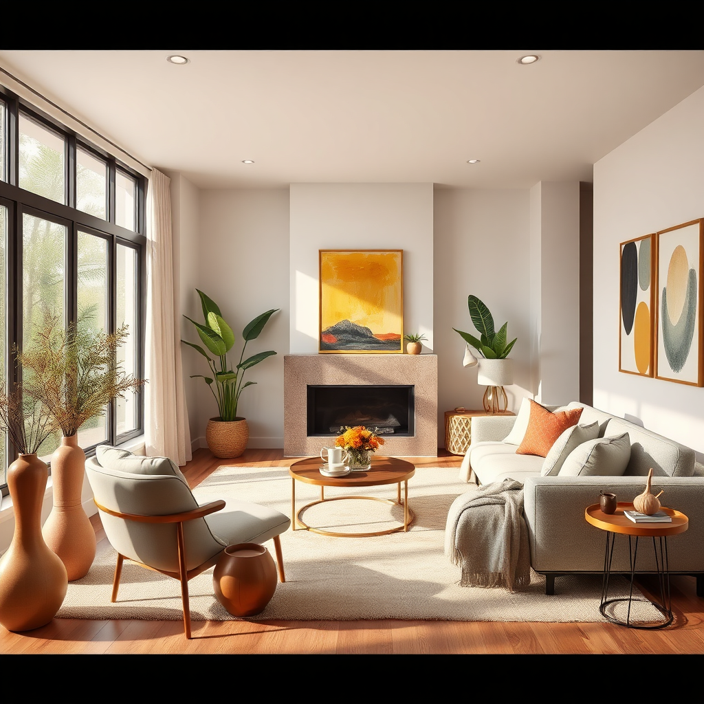 A photorealistic image representing a stylish home interior decorated with trendy decor items available on PATOCA E-SHOP. The layout should include items like elegant vases, vibrant artwork, and comfortable furnishings. Natural lighting filters through large windows, creating an inviting atmosphere. The color palette is harmonious, with earthy tones and pops of color. Textures should evoke warmth and comfort, drawing viewers into the scene. Technical specs: high resolution.