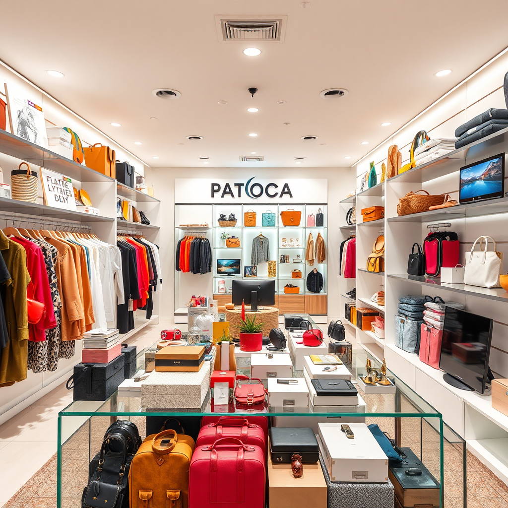 A professional image depicting a broad array of products on display at PATOCA E-SHOP. The arrangement showcases fashion, home essentials, and electronics in a lively yet organized manner. Lighting is bright and engaging. The backdrop affords a seamless transition in product categories, appealing to a diverse audience. Colors highlight promotions and new arrivals, while textures convey quality and sophistication. Technical specs: high resolution.