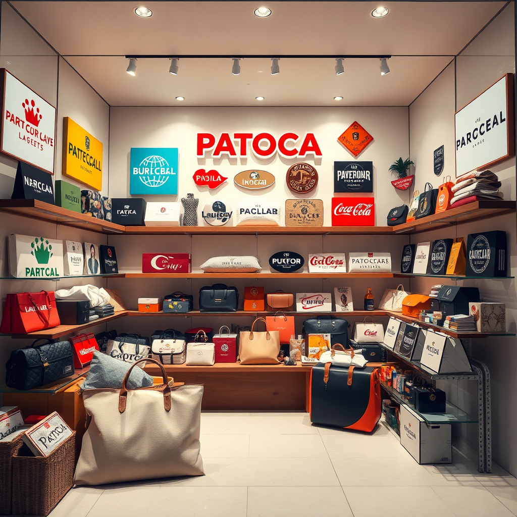 A stunning image showcasing a representation of global brands available at PATOCA E-SHOP. Items are arranged aesthetically in an online storefront format, highlighting brand logos and distinct products. The environment is bright and engaging, drawing in customers. The color scheme is eye-catching, incorporating each brand's unique identity. Textural details emphasize the distinctive nature of each brand. Technical specs: high-resolution imaging.