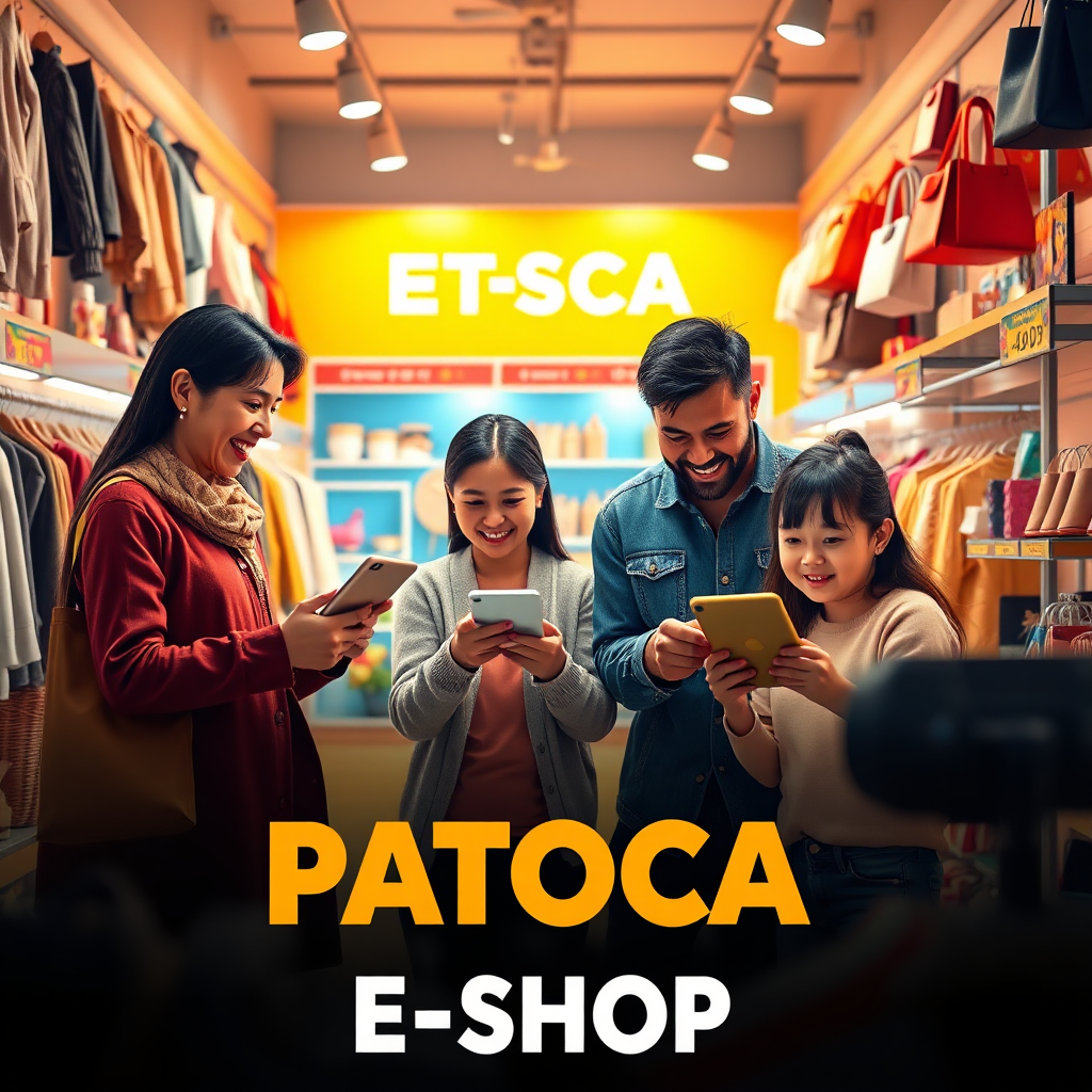 A stylized image that encapsulates the spirit of PATOCA E-SHOP. The scene features happy families shopping online, surrounded by vibrant displays of fashion items, home decor, and electronics. The composition is warmly lit, radiating a sense of joy and convenience. Colors are bright and lively, emphasizing a fun shopping atmosphere. Camera angle is focused on families interacting with devices while showcasing an array of attractive products in the background. Textures highlight the quality of the offerings. Style references should be modern and inviting. Technical specs: 4K resolution, high quality.