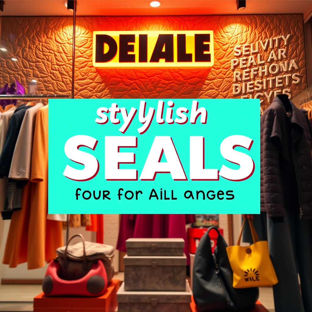 A vibrant image showcasing stylish deals on fashion items for all ages, displayed in a colorful online storefront. The focus is on discount tags and popular products, with energetic lighting to convey excitement. Background elements include a clean layout that makes browsing easy and appealing. Textures emphasize the quality of the materials. Technical specs: high-quality photography.