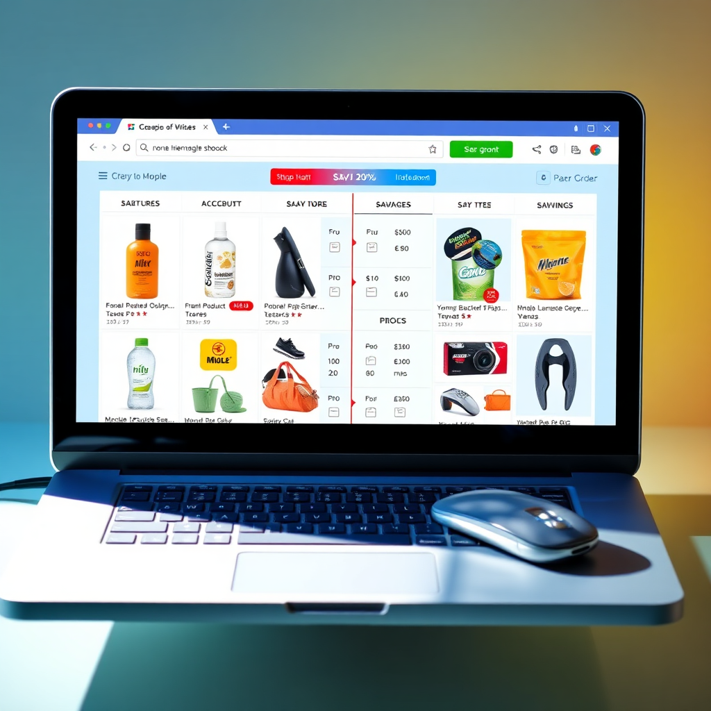 An engaging image illustrating an online shopping comparison interface. It should depict various products from different categories side-by-side, making it easy to visualize savings. Bright, attractive colors encourage shopper engagement. Lighting is bright and analytical, with clear visual appeal. Textures represent clarity and user-friendliness. Technical specs: professional quality.