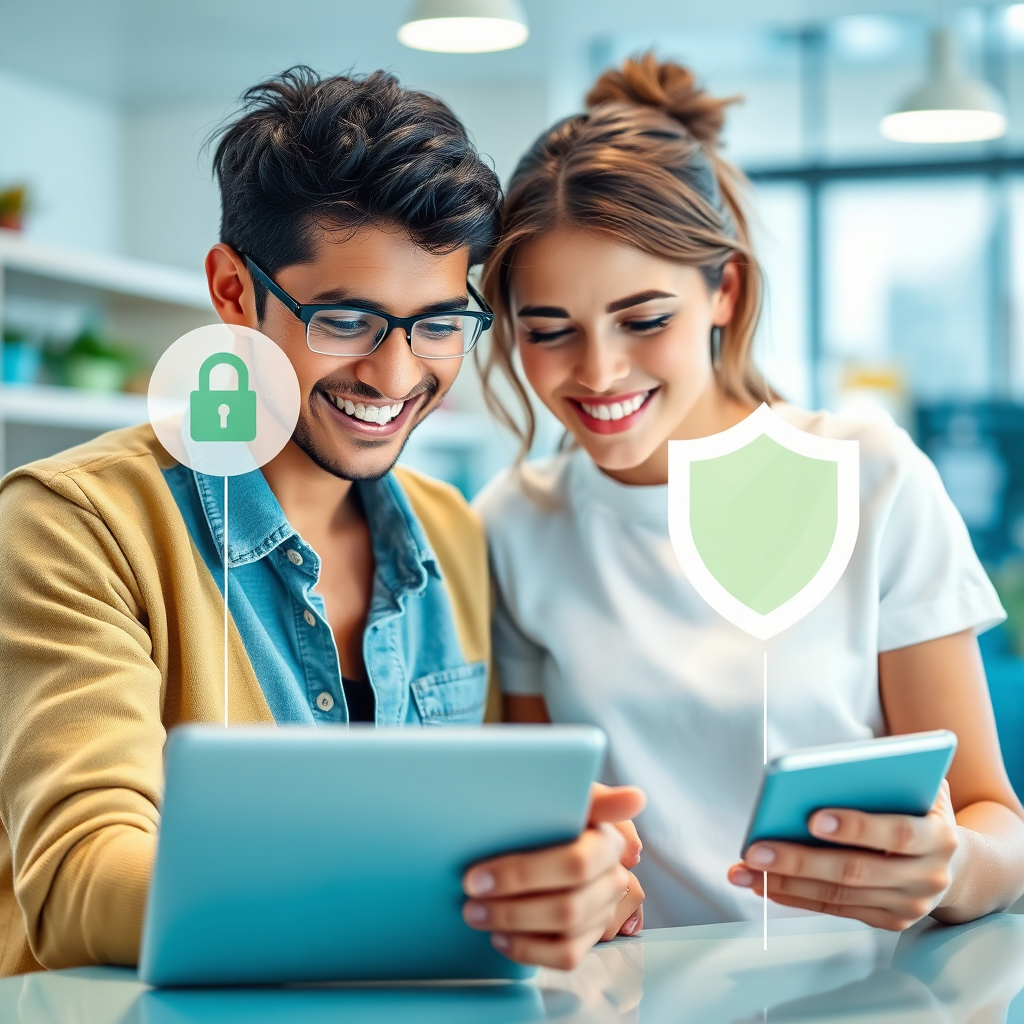 An engaging image of a customer shopping online with a focus on security features such as a secure payment symbol. The setting is bright and friendly, providing reassurance. The color palette incorporates soft blues and greens to evoke trust. Props include devices displaying secure shopping icons. Textures should suggest safety and reliability. Technical specs: high quality.