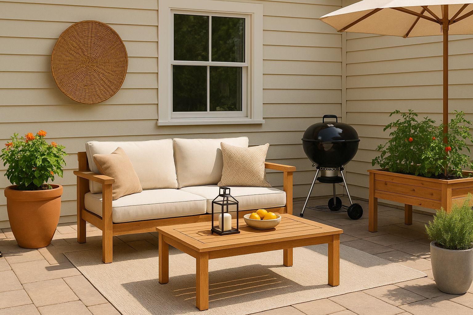 A photorealistic image representing a stylish home interior decorated with trendy decor items available on PATOCA E-SHOP. The layout should include items like elegant vases, vibrant artwork, and comfortable furnishings. Natural lighting filters through large windows, creating an inviting atmosphere. The color palette is harmonious, with earthy tones and pops of color. Textures should evoke warmth and comfort, drawing viewers into the scene. Technical specs: high resolution.