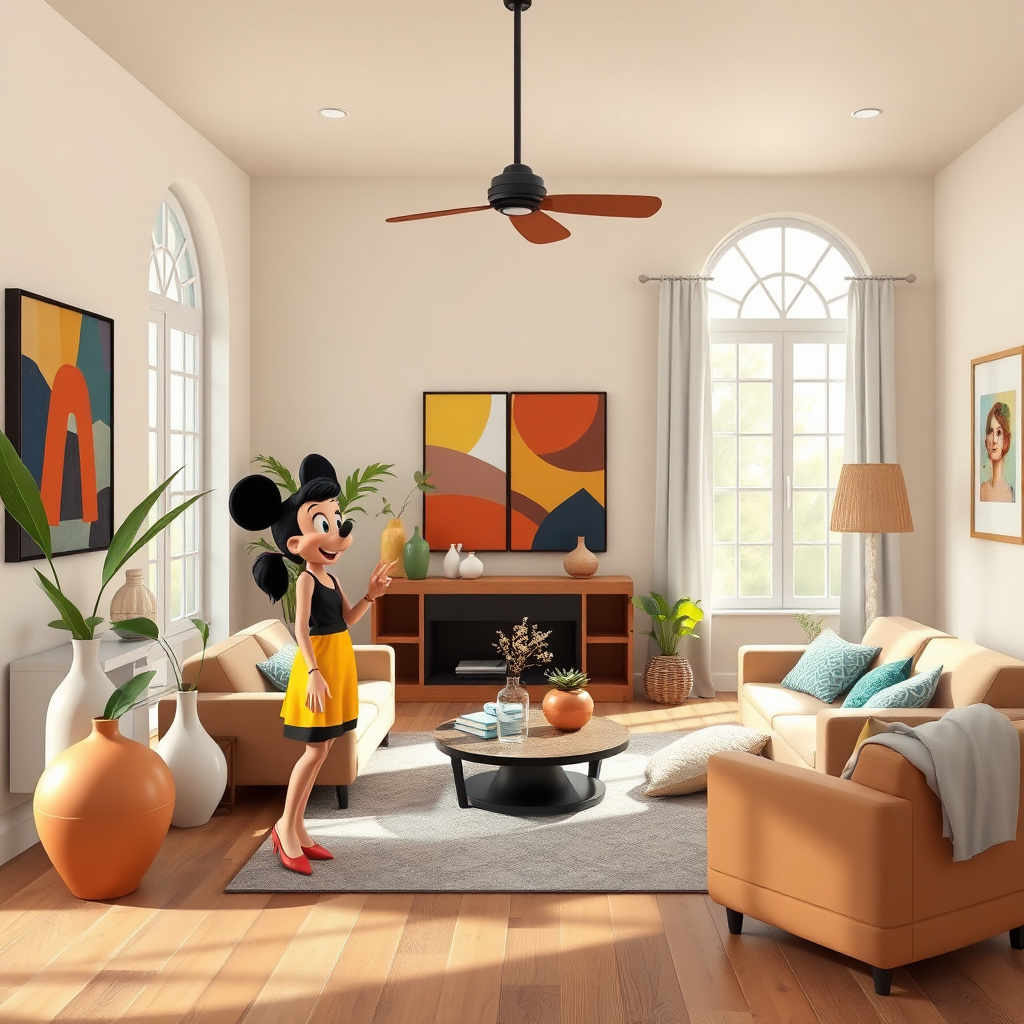 A photorealistic image representing a stylish home interior decorated with trendy decor items available on PATOCA E-SHOP. The layout should include items like elegant vases, vibrant artwork, and comfortable furnishings. Natural lighting filters through large windows, creating an inviting atmosphere. The color palette is harmonious, with earthy tones and pops of color. Textures should evoke warmth and comfort, drawing viewers into the scene. Technical specs: high resolution.