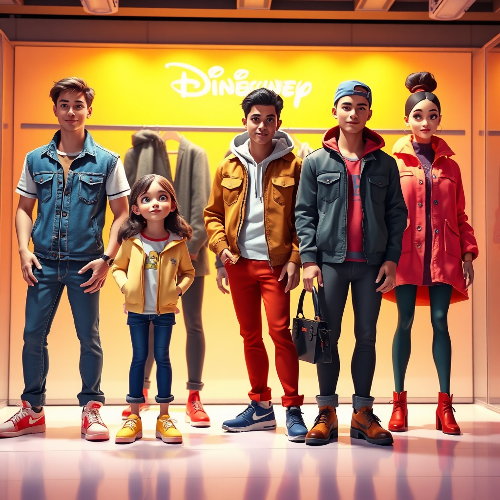 A photorealistic image displaying a diverse range of fashionable outfits for kids, men, and women. The scene is set in a well-organized online shop interface, showcasing bright, engaging visuals of clothing items against a vibrant background. Lighting is bright and focused on the apparel, enhancing color saturation. Props include fashion accessories that complement the outfits presented. The view is structured to evoke an easy shopping experience. Technical specs: high-quality imagery.