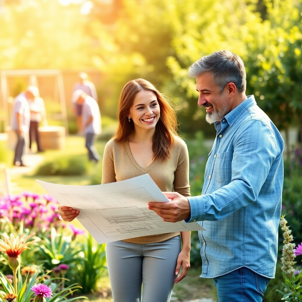 A 4K photorealistic image portraying a landscape architect reviewing blueprints with a smiling client in a vibrant, sunlit garden. The architect points to a specific design element on the plans, while the client looks on with enthusiastic approval. In the background, blurred yet visible, is a team of landscapers implementing the design. Focus is on the collaborative process and the transformation of a concept into reality. The garden should be filled with a variety of native plants and flowers, showcasing sustainable landscape design. Use warm, natural lighting and a color palette that emphasizes green and earthy tones. Style: Modern, clean, and professional. Camera angle: Medium shot, capturing the interaction between the architect and client.