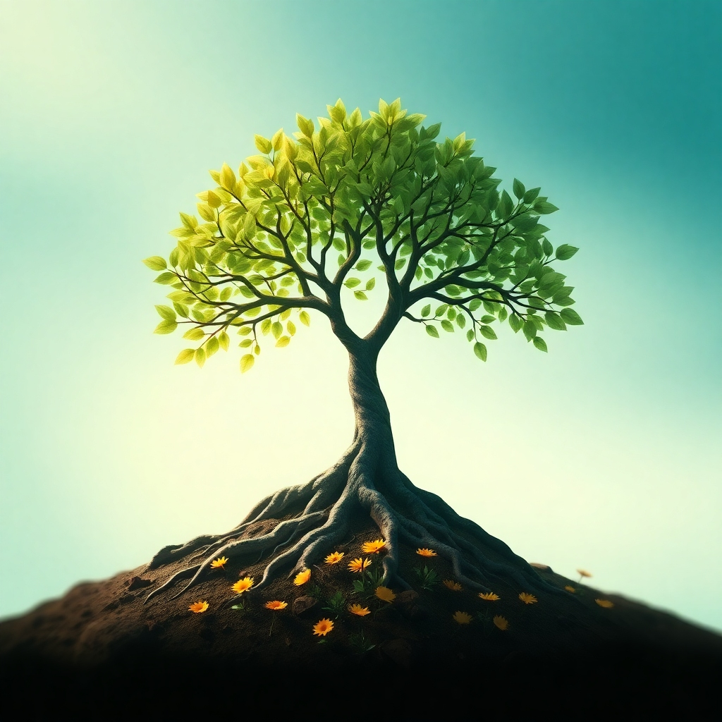 A 4K resolution image representing the core values of Unlearn & Elevate. Visualize a stylized tree with roots deeply embedded in the earth (representing established beliefs), and branches reaching towards the sky (symbolizing new possibilities). Leaves are subtly changing colors, indicating transformation. Soft, diffused light illuminates the tree, casting gentle shadows. Around the base of the tree, small, vibrant flowers are blooming, signifying growth and potential. The color palette should be calming and inspiring, with greens, blues, and subtle hints of yellow and orange. A shallow depth of field should keep the focus on the tree, while the background remains slightly blurred. The style should be a blend of photorealism and artistic interpretation, inspired by the works of Georgia O'Keeffe and contemporary digital art. The overall effect should be uplifting and motivational.