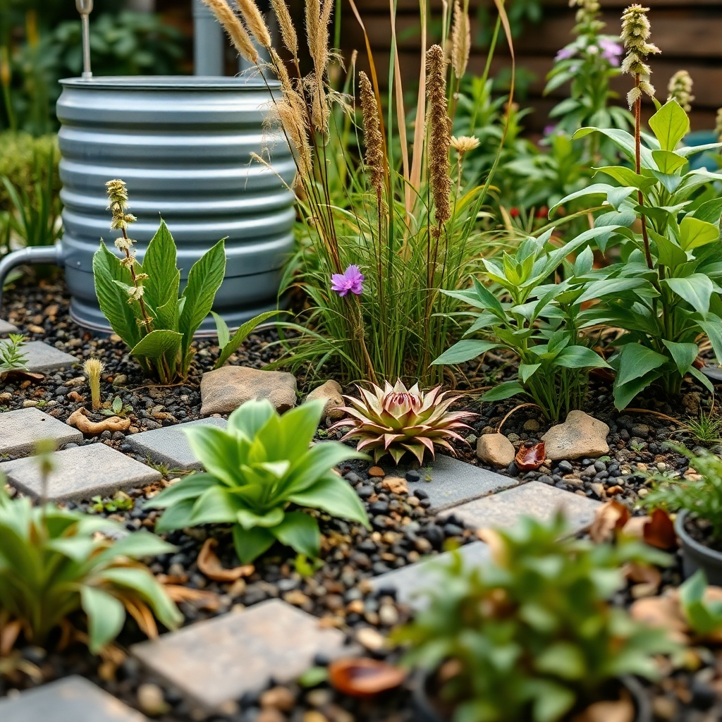 A close-up shot of a thriving, sustainable garden featuring native plants, a rainwater harvesting system, and permeable paving. The image should emphasize the textures and colors of the natural elements, showcasing the beauty of eco-friendly landscaping. Soft, natural lighting. 4K resolution. Style: Naturalistic and detailed.