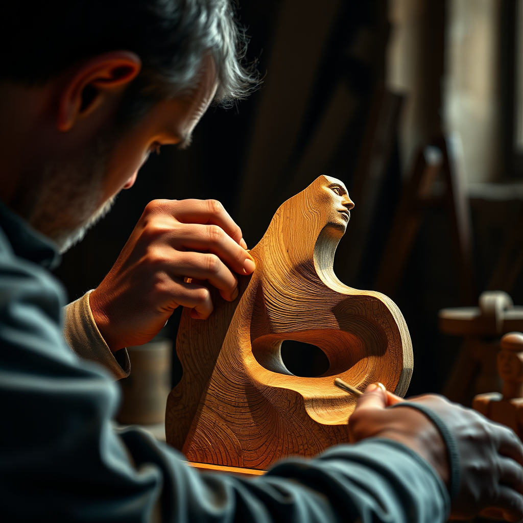 A craftsman is meticulously carving a sculpture from wood, symbolizing the careful attention to detail and purpose that goes into creating meaningful content. The lighting should be dramatic, highlighting the craftsman's hands and the texture of the wood. Render in 4K resolution.