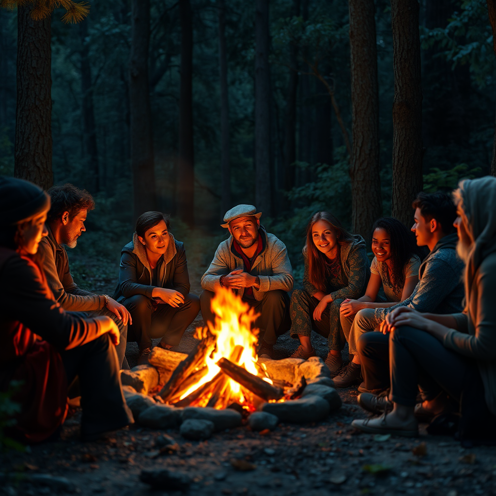 A diverse group of people are sitting around a campfire, captivated by a storyteller. The firelight casts warm shadows on their faces, creating an atmosphere of intimacy and connection. The background is a lush forest, symbolizing the natural human connection to storytelling. The style is photorealistic with a touch of magical realism, emphasizing the transformative power of stories. Render in 4K resolution.