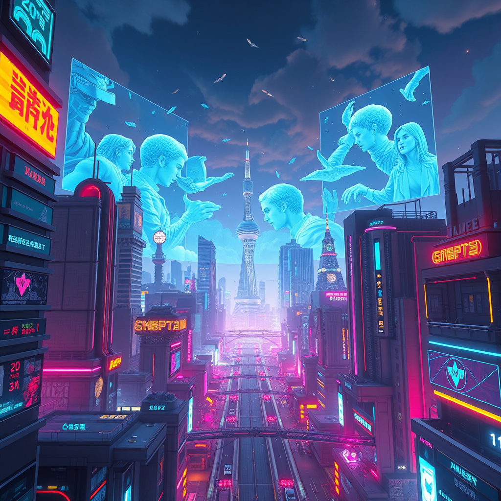 A futuristic cityscape with holographic projections of stories unfolding in the sky. The scene should convey a sense of innovation and technological advancement. The lighting is vibrant and dynamic, with neon accents. Render in 4K resolution, focusing on the details of the holographic displays and the futuristic architecture.