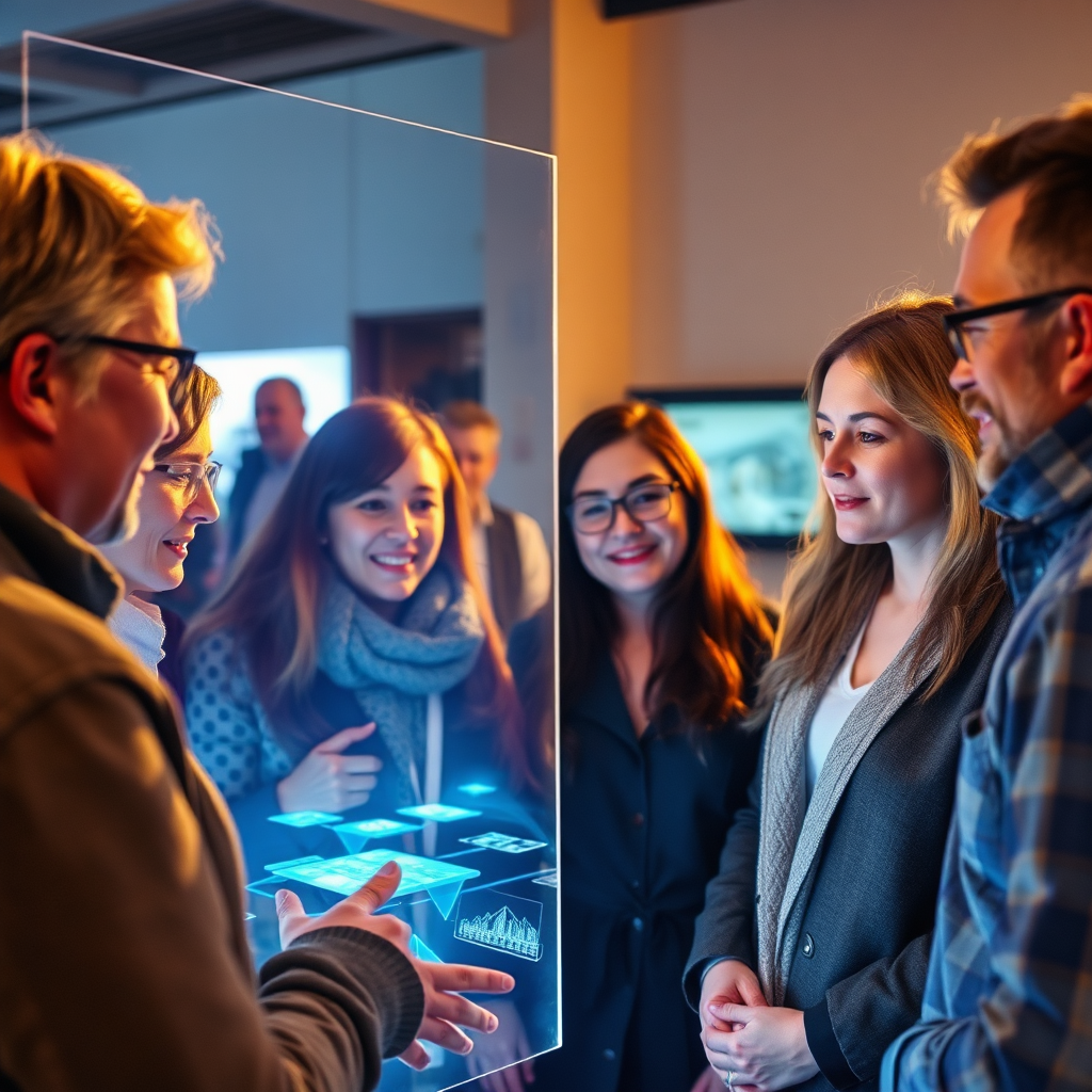 A group of people are interacting with a holographic display, engaging in a lively discussion about the content. The scene should convey a sense of community and shared experience. The lighting is warm and inviting, with a focus on the people's faces.