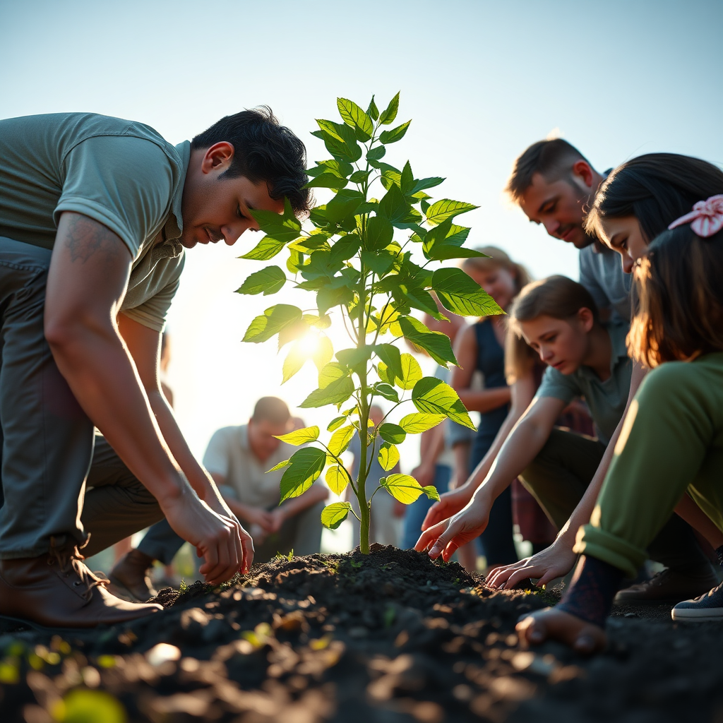 A group of people are working together to plant a tree, symbolizing growth, sustainability, and community. The sunlight is filtering through the leaves, creating a sense of hope and renewal. The style is photorealistic, emphasizing the tangible impact of collective action. Render in 4K resolution.