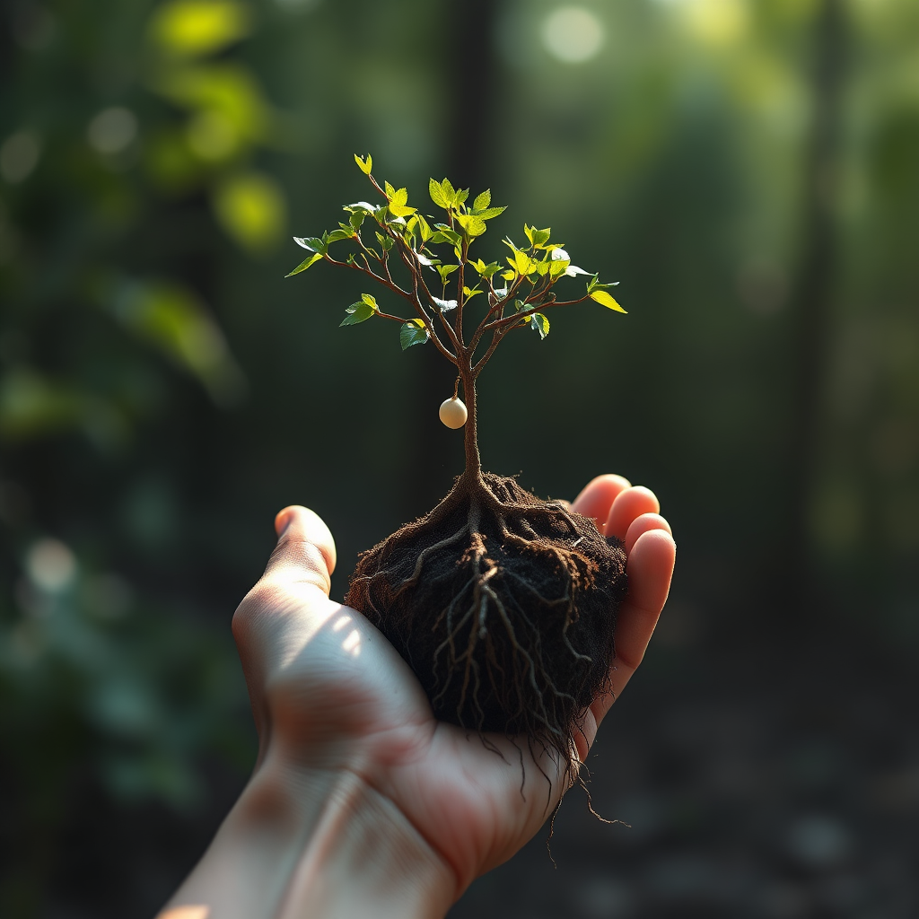 A hand holding a seed that is growing into a tree, with roots reaching deep into the earth and branches reaching towards the sky. The scene should symbolize global growth and local impact. The lighting is soft and natural, emphasizing the beauty of nature. Render in 4K resolution.