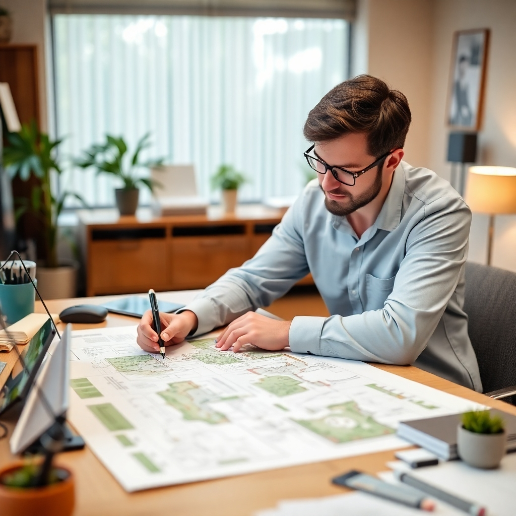 A landscape architect working on a design plan with digital tools, showcasing creativity and technical skill. Warm, professional office setting. 4K resolution.