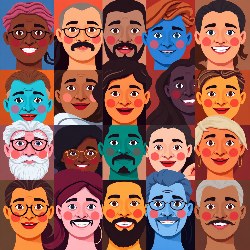 A mosaic of faces from different cultures and backgrounds, each expressing a unique emotion. The colors should be vibrant and diverse, reflecting the richness of human experience. The style is stylized and artistic, conveying a sense of unity in diversity. Render in 4K resolution.