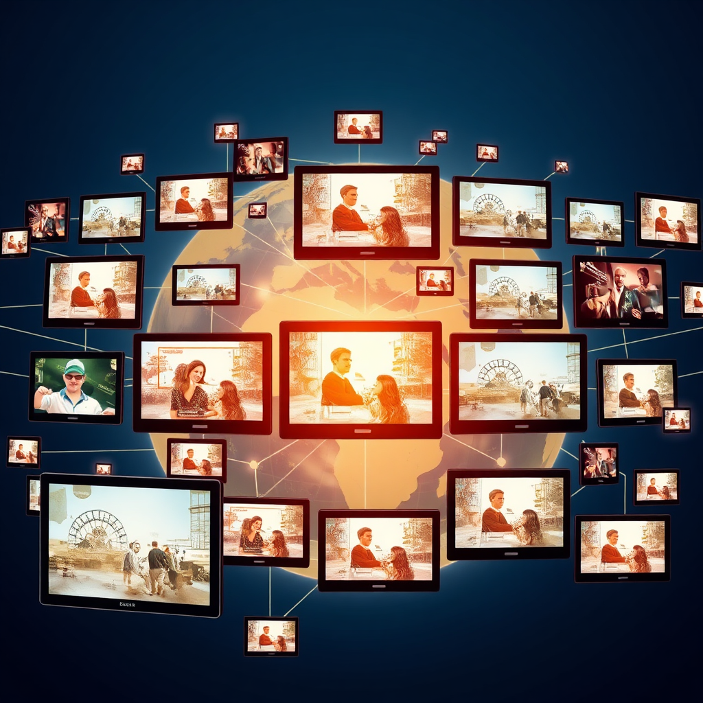 A network of interconnected screens and devices displaying various types of content. Lines of light connect the screens, symbolizing the flow of information and the reach of the distribution network. The background is a stylized representation of the globe, emphasizing the global reach of the platform.