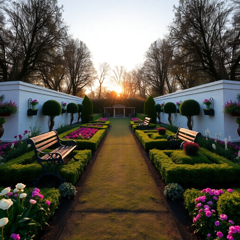 A perfectly balanced garden that is symmetric. Two sides are identical, with flowers, benches, paths and manicured plants. Early sunrise light. 4k.