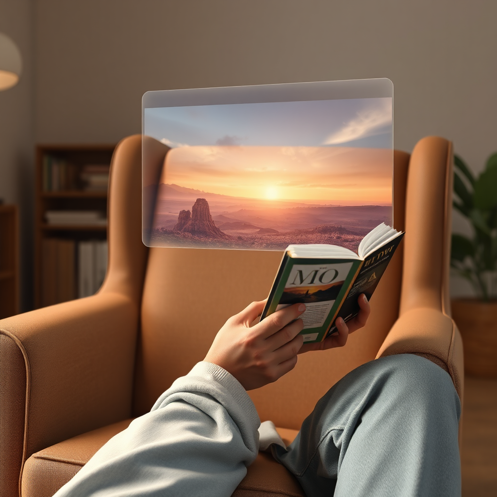 A person is sitting in a comfortable armchair, reading a book while also watching a documentary on a holographic screen. The scene should convey a sense of relaxed learning and intellectual curiosity. The lighting is soft and inviting, with warm tones. Render in 4K resolution, focusing on the details of the book and the holographic display.