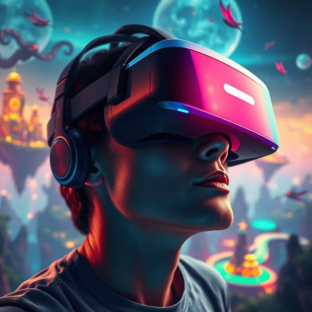 A photorealistic image depicting a person wearing a VR headset, fully immersed in a virtual world. The virtual world is vibrant and fantastical, with floating islands, mythical creatures, and glowing landscapes. The color palette should be rich and immersive, with a wide range of colors creating a sense of depth and wonder. The lighting should be dynamic and engaging, responding to the actions and movements of the person in the VR headset. The camera angle should be a close-up, capturing the person's expression of awe and wonder. Style reference: video game art, virtual reality experiences. Technical specs: 4K resolution, photorealistic.