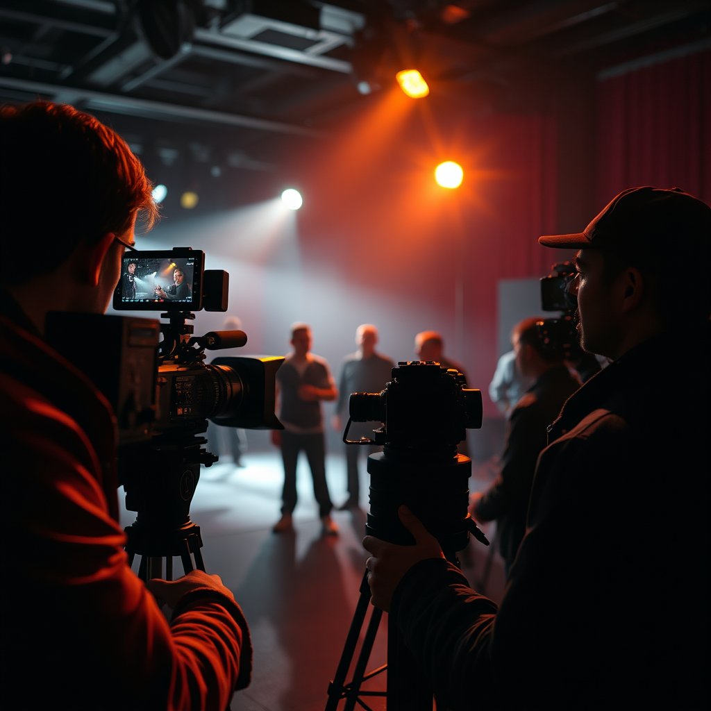 A photorealistic image depicting a film set with a camera crew filming a dramatic scene. The lighting is intense and theatrical, highlighting the actors and the set design. The color palette should be rich and cinematic, with deep shadows and vibrant colors. The camera angle should be a behind-the-scenes perspective, capturing the energy and excitement of the filming process. Style reference: film stills, behind-the-scenes photography. Technical specs: 4K resolution, photorealistic.