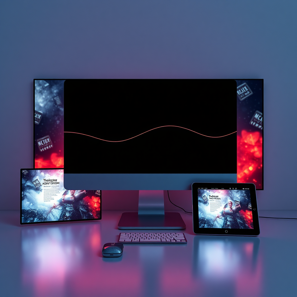 A photorealistic image depicting a story being told across multiple screens, including a film screen, a computer monitor, a smartphone, and a tablet. The story is visualized as a continuous thread, connecting all the different screens and platforms. The color palette should be consistent and cohesive, creating a sense of unity and harmony. The lighting should be dynamic and engaging, highlighting the different aspects of the story on each platform. The camera angle should be a wide shot, capturing the interconnectedness of the different screens and platforms. Style reference: multimedia installations, cross-platform storytelling. Technical specs: 4K resolution, photorealistic.